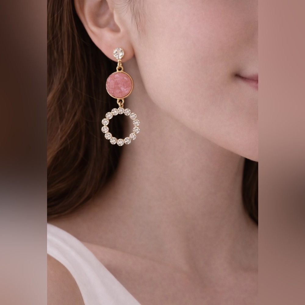 Pastel Faux Pink Stone Crystal Gold Rhinestone Earrings Dangle Drop Party NEW